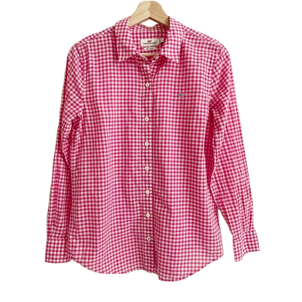 Vineyard Vines Plaid Button Front Relaxed Shirt Long Sleeves Pink Sz 4